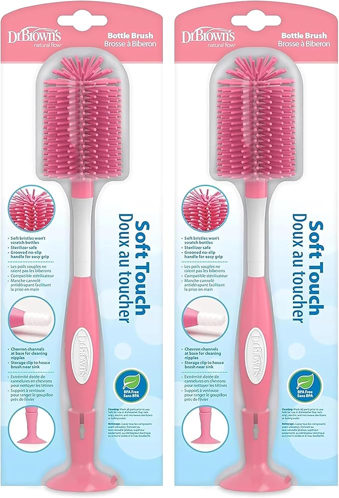Dr. Brown's Soft Touch No Scratch Baby Bottle Cleaning Brush Nipple Cleaner with Stand and Storage Clip, BPA Free, Pink (Pack of 2)