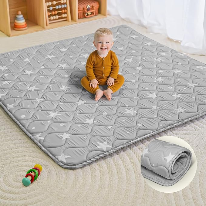 Beavtaens Baby Play Mat, 50x50 Playpen Mat, Thick Soft Foam Playmats for Baby, Foldable and Washable Crawling Mat for Floor (Gray Stars)