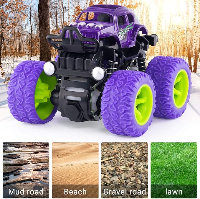 ANAOER 4 Pack Monster Trucks Toys for Boys 3 4 5 6 Year Old, Friction Powered Pull Back Car Toys for Toddlers Kids Ages 3-5-7, Best Birthday Christmas Party Gift for Boys and Girls