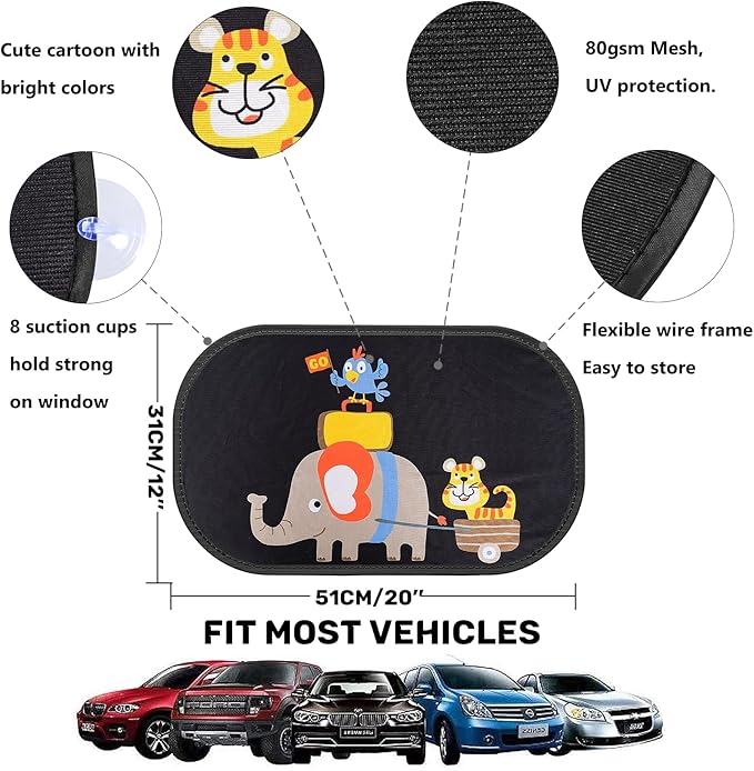 MOVINPE Car Sun Shade for Baby Kids 2 Pack Static Cling Side Window Car 80GSM Rear Sunshades Universal with 8 Suction Cups and Storage Bag - Sun Glare and UV Rays Protection (Elephant & Tiger)