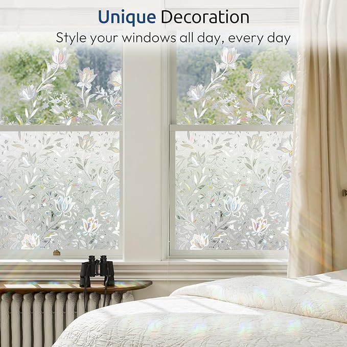 rabbitgoo Window Privacy Film, Decorative Stained Glass Window Film, Sun Blocking Glass Clings, Renter-Friendly Static Cling Frosted Sticker Covering for Home Door, Rainbow Tulip 35.4" x 78.7"