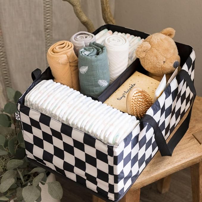 Tiny Twinkle Diaper Caddy Organizer | Foldable Baby Storage Basket with Removable Divider | Waterproof & Mess-Proof Fabric, Portable Nursery Organizer for Newborn Essentials (Black Checkers)