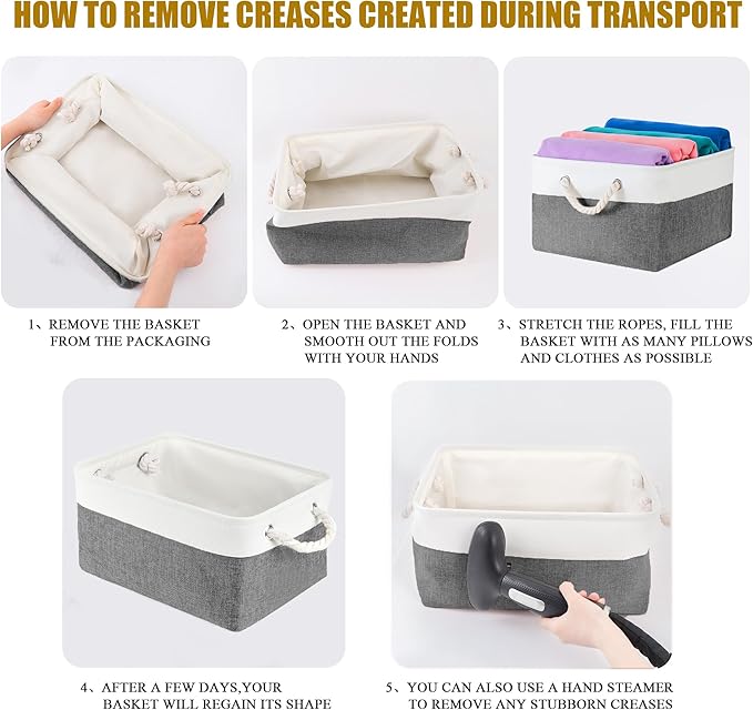 LordCom Storage Bins with Sturdy Cotton Handles(1 Pack), Fabric Storage Baskets for Organizing use for Office & Home, Book, Clothes, Toys, Closet Boxes (Large, Grey-White, 15.7x11.8x7.9 inches)
