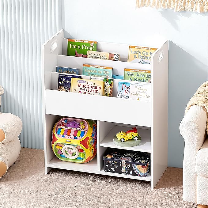 VECELO Kids Bookshelf with Toy Storage - Wooden Nursery Organizer for Books & Toys, Easy Assembly Playroom Shelf (White)