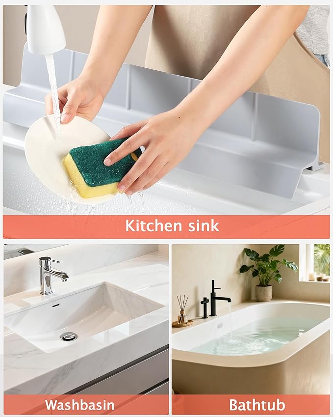 Kitchen Sink Splash Guard 18" Self-Draining Silicone Water Guard with High Splash Wall & Strong Suction Cups for Faucet, Countertop & Sink Edge, Keeps Sinks Dry, Dishwasher Safe, Gray