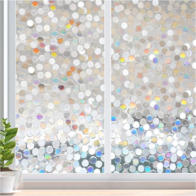 rabbitgoo Window Privacy Film, Rainbow Stained Glass Window Film, 3D Decorative Static Cling Coverings Non-Adhesive, Removable Glass Stickers for Home Door, Circle Design, 23.6" x 157"