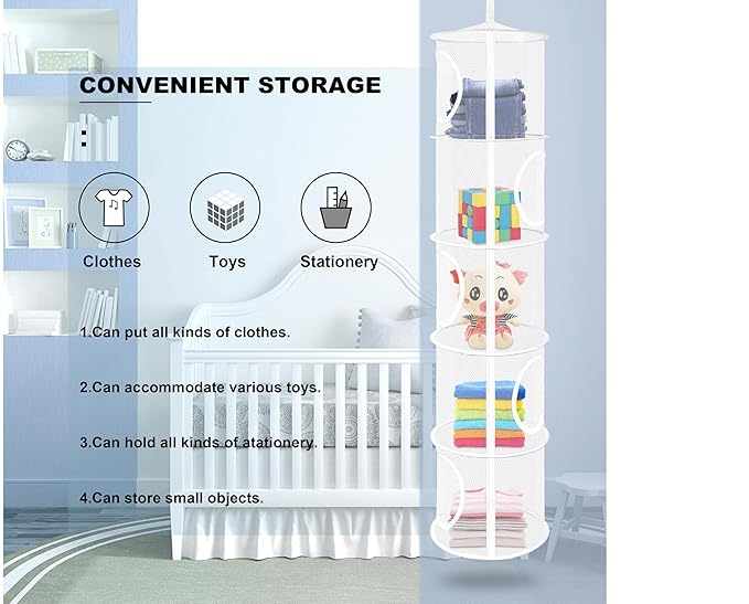 Libeder Mesh Hanging Storage Space Saver Bags Organizer,Foldable Storage Organizer 5 Compartments Toy Storage Basket for Kids Room Bathroom 2 Sets, White