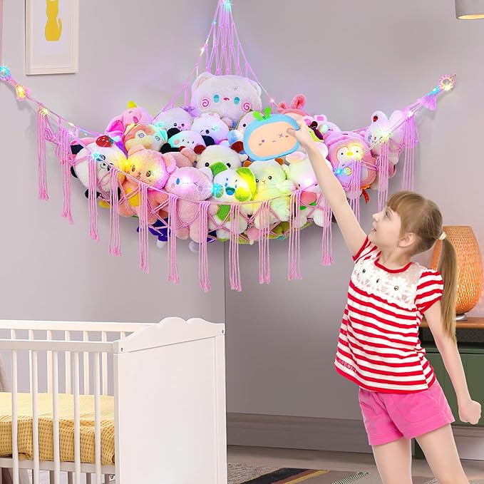 Basumee Stuffed Animals Net or Hammock with LED Light, Hanging Stuffed Animals Storage Toy Hammock Net Corner Wall Girls Room Decor Toy Storage Organizer, Pink, XL