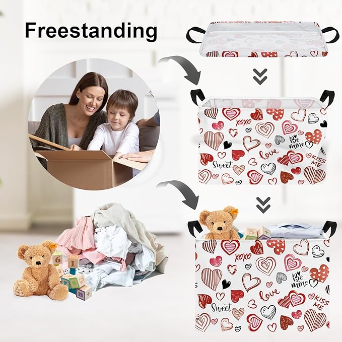 Clastyle Rectangular Line Love Baby Storage Basket Fabric Organizer Bin for Toys Books ClothesGifts Pets, Perfect for Home Office Nursery Dorm Shelf Kid Boy Girl Room(Red Pink Hearts)