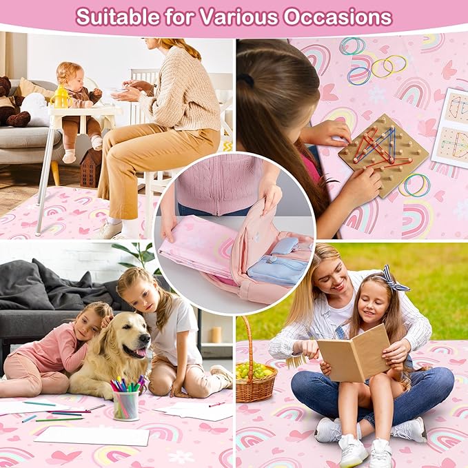Basumee Splat Mat High Chair Mat Waterproof Baby Play Splat Mat for Under High Chair Food Catcher Highchair Mat for Floor Non Slip Bottom, Pink Rainbow, 46x42 Inches