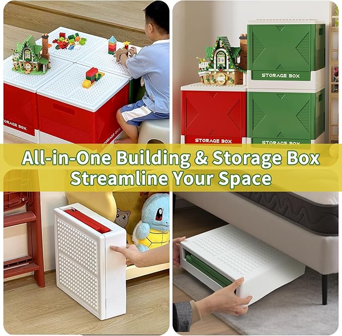Collapsible Storage Box with Large Building Lid, Multifunctional Toy Storage Box for Brick, Bead, Tool, Sewing, Foldable Storage Bin(Green)