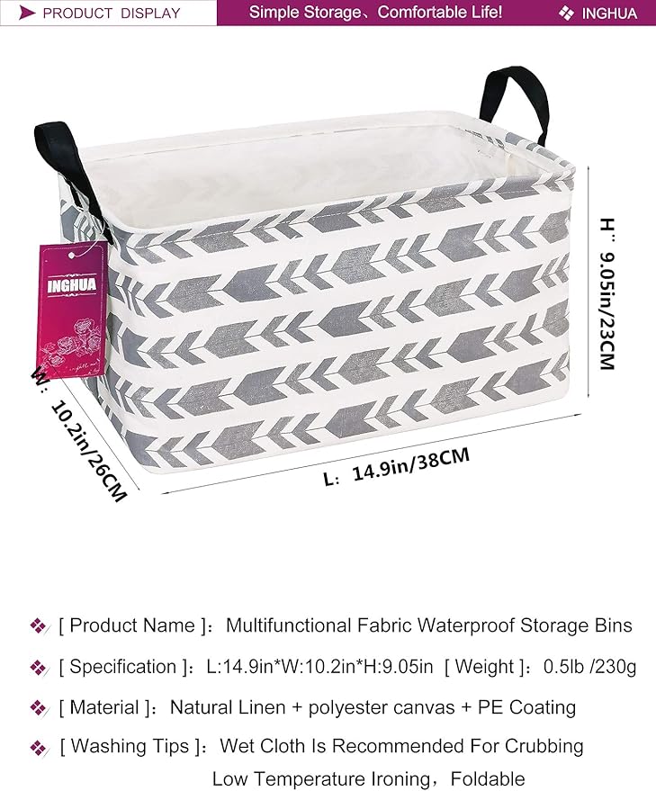 INGHUA Rectangular Storage Basket Fabric Organizer Bin for Toys,Books,Clothes,Gifts,Pets-Perfect for Home,Office,Nursery,Dorm,Shelf(Rec Grey Arrow)