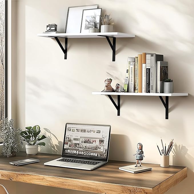 Heavy Duty Long Wall Shelves Set of 2, Floating Shelves Wall Mounted with Industrial Brackets, 40lbs Capacity Shelves for Laundry Room, Kitchen, Bathroom, Living Room (24"*8",White)