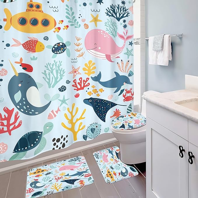 4 PCS Blue Kids Bathroom Set Summer Ocean 72Wx72H Shower Curtain Set Bath Rug Toilet Lid Cover Nonslip U Shape Mat Whale Funny Cartoon Cute Animal Resistant Accessories 12 Hooks Bathroom Decor