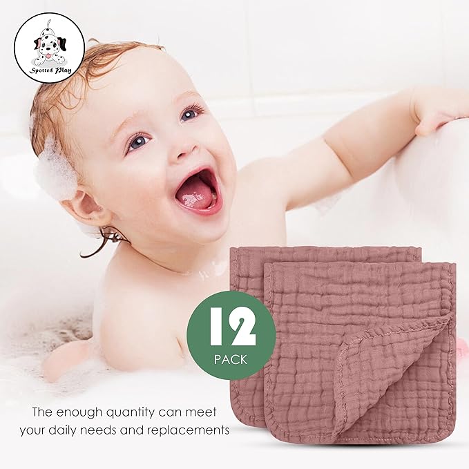 Spotted Play Muslin Burp Cloths 100% Cotton Large 20''x10'' Extra Soft and Absorbent Baby Wash Cloths Spit Up Rags - Baby Burping Cloth for Boys Girls Items(12 Pack Bean Paste)