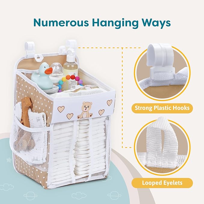 Hanging Diaper Caddy - Baby Shower Gifts Diaper Organizer for Changing Table - Hold 50+ Diapers - Nursery Baby Essentials for Newborn - Teddy Design - 17x9x9 inches