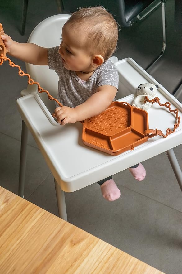 Smack Fun - The Original All-in-one Suction Plates + Safety Toy Straps - Silicone Suction Plates for Toddlers + Baby - First Foods + Self-Feeding. Comes with 2 Straps (Clay)