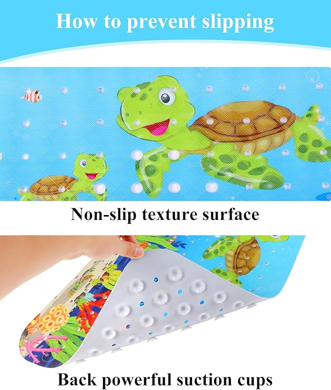 Secopad Bath Mat for Tub Non Slip, Machine Washable Anti-Slip Cartoon Baby Bathtub Shower Mat with Drain Holes and Suction Cups for Toddler & Kids (40 Inch x 16 Inch-Rectangular, Turtles)
