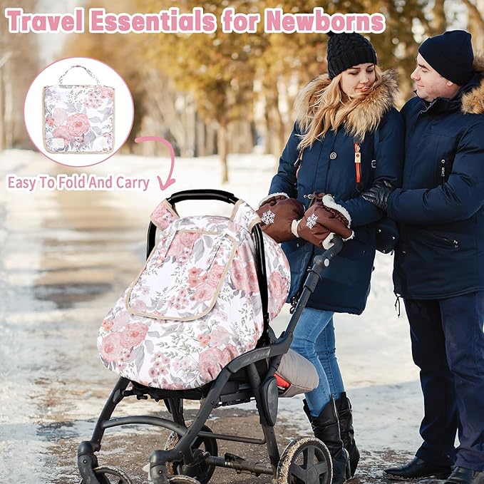 Car Seat Cover Baby, HNHUAMING Infant Car Seat Covers Canopy for Baby Girl Boy, Cozy & Windproof Newborn Carseat Covers Mink Dot Backing Stroller Cover with Breathable Mesh Window, Pink Floral