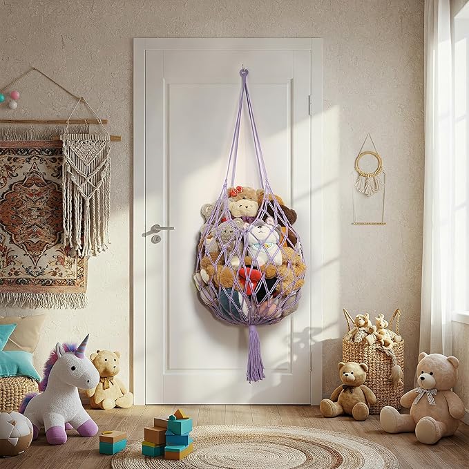 Stuffed Animal Storage Hammock Corner Hanging Net Stuffy Animal Hammock Macrame Toy Display Plush Toy Holder for Kid Bedroom Decor Boho Nursery Playroom Organizer (Purple)