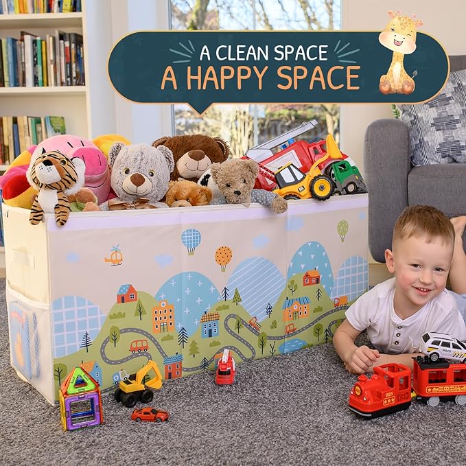 SoftOwl Extra Large Toy Storage Organizer with Lid - Sturdy, Collapsible Toy Chest Storage Box with Cute Design - Toys Bin with Dividers for Kids, Boys, Girls, Nursery, Bedroom, Play room 37"x16"x14"