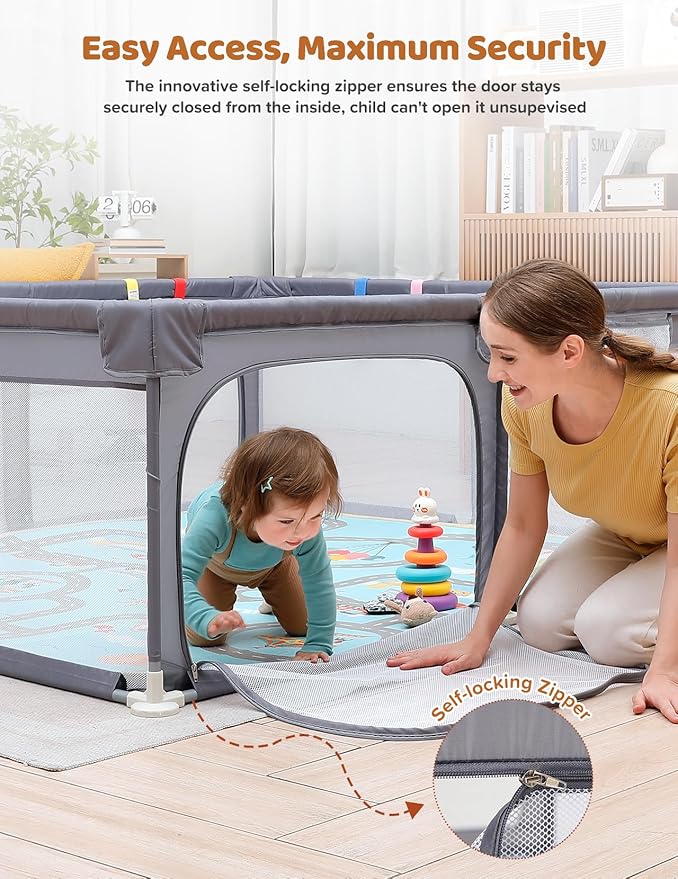 Dripex Baby Playpen with Mat, 71"x59" Play Pen for Toddlers 1-3 Years, Soft Breathable Visible Mesh, Indoor/Outdoor Portable Play Yard with Mat, Safe Baby Fence Play Area, Grey