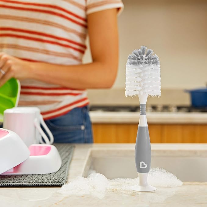 Munchkin Fold Baby Bottle Drying Rack and Bristle Bottle Brush Cleaning Essentials Set, White/Grey