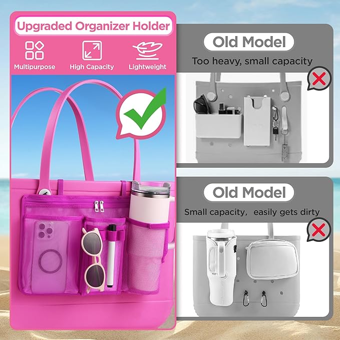 OUTXE Organizer Holder for Bogg Simple Modern Bag Accessories, Cup Phone Holder compatible with Stanley, Storage Mesh Divider Organizing Insert Pouch for XL Bog Beach Rubber Tote, Hot Pink
