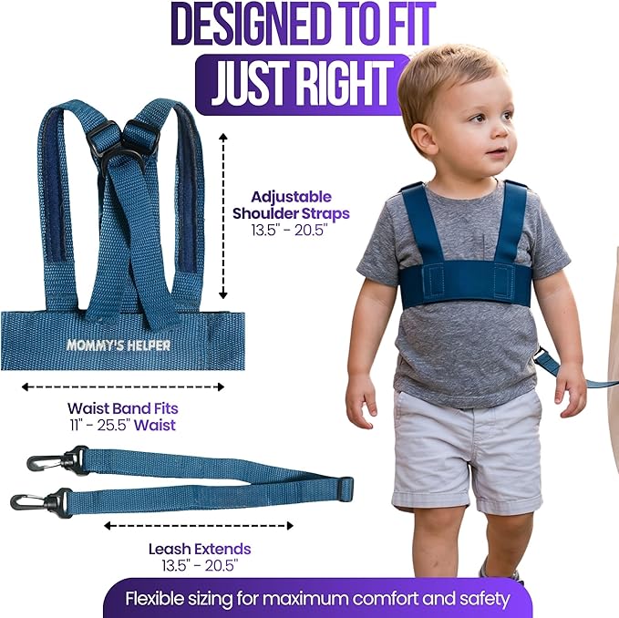 Toddler Leash & Harness for Child Safety - Keep Kids & Babies Close - Padded Shoulder Straps for Children's Comfort - Fits Toddlers w/ Chest Size 14-25.5 Inches - Kid Keeper by Mommy's Helper (Blue)