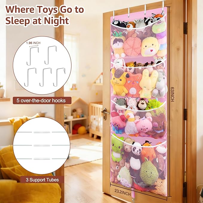 Woodoulogy Hanging Stuffed Animal Storage, Over Door Large Plush Toy Organizer with Metal Hook, Baby Accessory Holder Idea for Nursery, Doll & Bear Mesh Hammock Bag for Girl Boy Kid Room