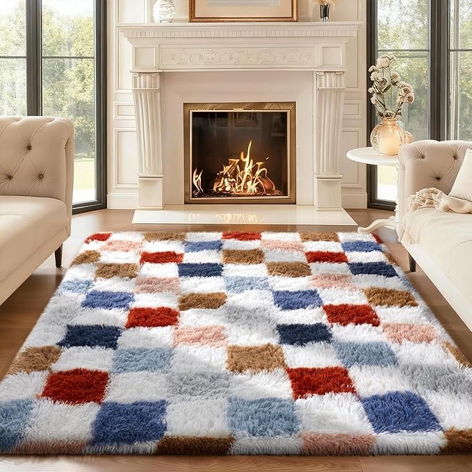 Ophanie Area Rugs for Bedroom Living Room,Color Checkered Rainbow,Size 4' x 6',Shape Rectangular