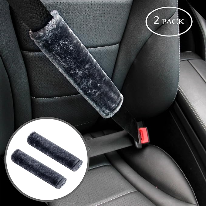 Amooca Soft Faux Fur Universal Fit Seatbelt Cover Car Truck SUV Airplane Seat Belt Shoulder Pad for Carmera Backpack Straps Neck Cushion Protector 2 Pack 10.5in Dark Blue Grey
