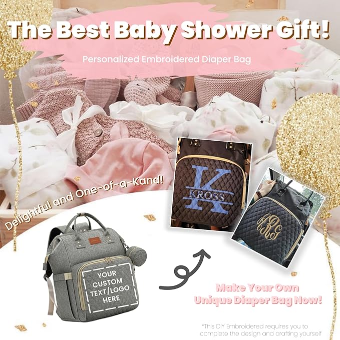 ROSEGIN Baby Diaper Bag Backpack with Changing Pad, Pacifier Case, for Boy Girl Toddler - Large, Stylish, Waterproof Travel Quilted Diaper Bag for Mom - Baby Shower Gifts - Grey