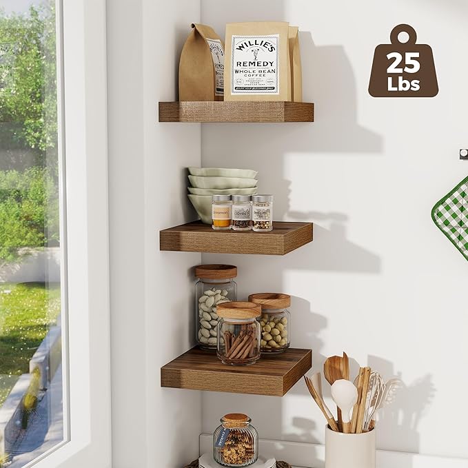 Fun Memories Square Floating Shelves for Wall, 9.3" W x 9.3" D x 1.4" H, Shelves for Wall with Invisible Brackets, Small Wood Storage Shelves for Kitchen, Living Room, Bedroom, Set of 3(Walnut)