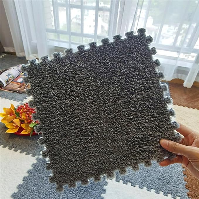 12pcs Plush Puzzle Foam Floor Mat, Soft Thicken Fluffy Interlocking Square Foam Tiles Area Rugs Carpet for Parlor Bedroom Decoration(11.8x11.8x0.4in, Grey)