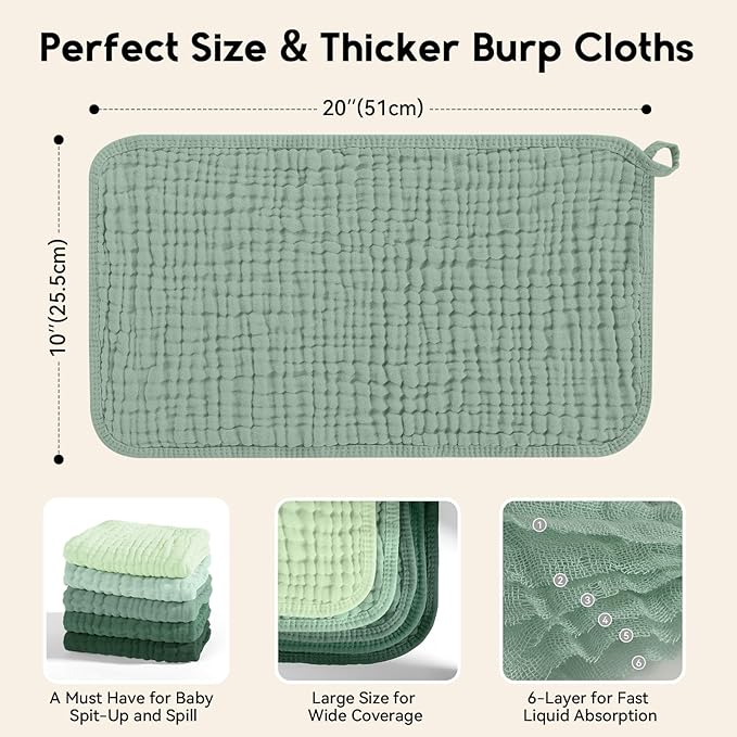 Muslin Burp Cloths for Baby 100% Cotton Burping Cloths for Boys Girls Large 20"X10" Extra Soft and Absorbent 5 Pack - Gradient Green