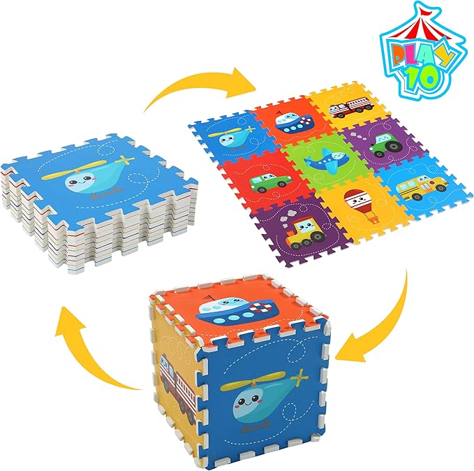 PLAY 10 Baby Play Mat, Foam Playmat for Babies, Kids Play Mat, Foam Floor Tiles 34×34 9 Pieces Vehicle Puzzle Mat