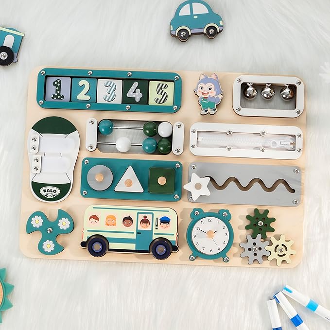 KALOTOYS Large Busy Board Montessori Toys for 1 2 3 Year Old - Sensory Toys for Toddlers 1-3 - Fine Motor Skills & Early Learning - Montessori Gift for Boys & Girls - Travel-Friendly & Safe (Green)