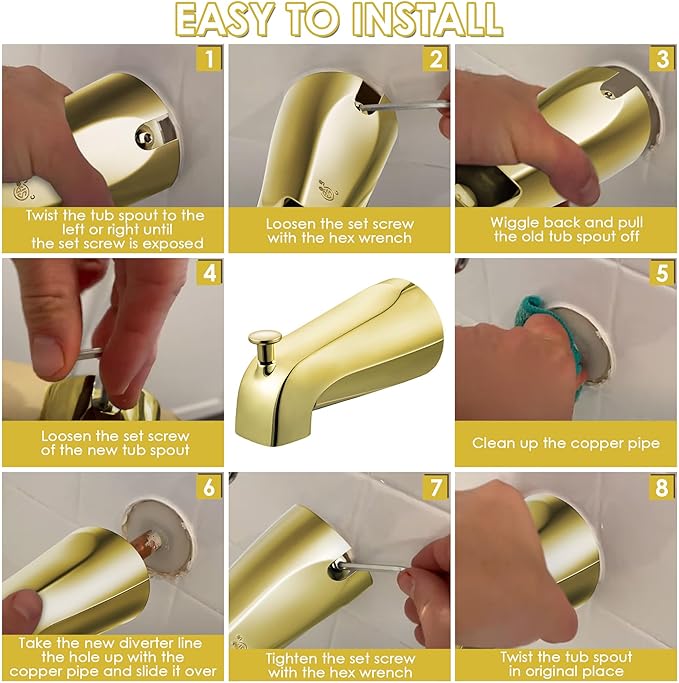 Enhon Slip on Tub Spout with Diverter, Compatible with American Standard 8888026.002 Tub Spout, Bathroom Bathtub Faucet, Fits 1/2 Copper Water Tube(5/8 Dia), 5/32 Hex Wrench(Polished Brass,1)