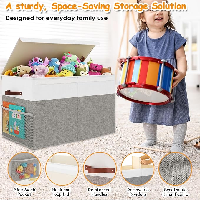 Fineonly Large Toy Storage Box with Lid Upgraded Toy Storage Chest Organizer with Divider Foldable Toy Bin for Kids Boys Girls Playroom Nursery Bedroom (25"x13"x16")