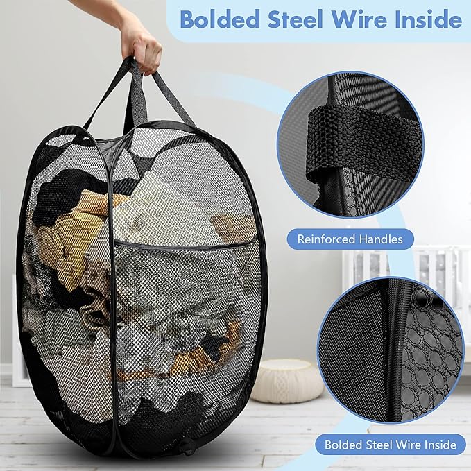 DUCOO Pop Up Laundry Hamper, 70L Collapsible Mesh Laundry Basket with Side Pocket, Foldable Dirty Clothes Hamper with Sturdy Reinforced Handles for Home Dorm Bedroom Travel Storage, Black, 2Pack