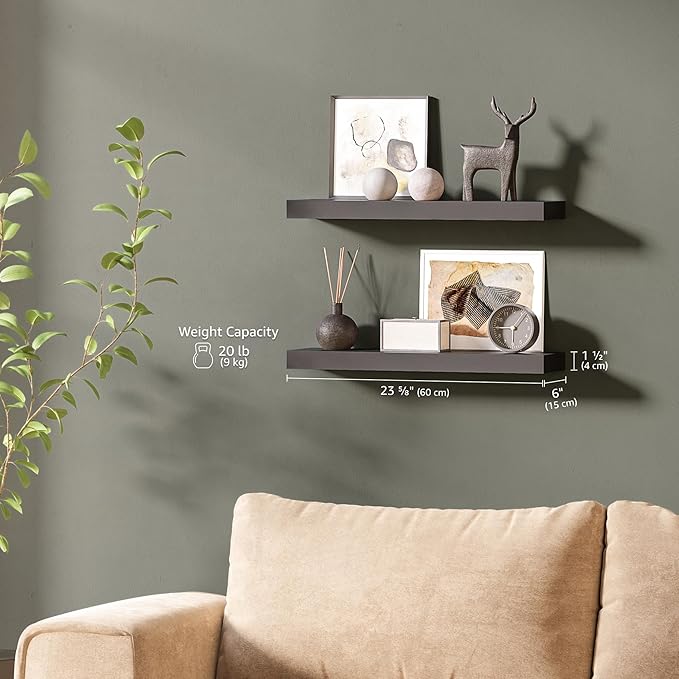 Ballucci Floating Shelves, 24" Wood Wall Shelf Set of 2, with Invisible Brackets for Bathroom, Living Room, Bedroom, Kitchen, Nursery, 6" Deep, Black