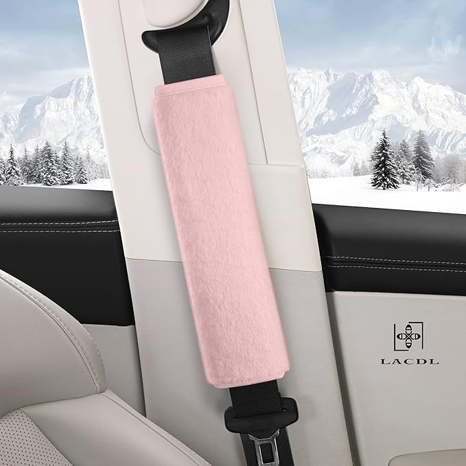 LACDL Extra Long Seatbelt Cover Super Soft Furry for Adults Kids Women & Men, Thick Plush Full Car Seat Belt Strap Cushion, Fluffy Shoulder Pad Protector, Auto Interior Accessories, Pink 10.5in, 2pcs
