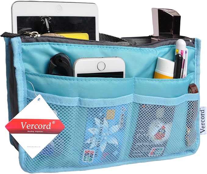 Vercord Purse Organizer Insert for Handbags Bag Organizers Inside Tote Pocketbook Women Nurse Nylon 13 Pockets Blue Medium