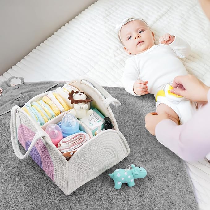 JMBNH Baby Diaper Caddy- With Removable Dividers, Nursery Storage Bin and Car Organizer,Boy & Girl Shower Gift Basket,Portable Organizer,Nursery Essentials-Rainbow Purple