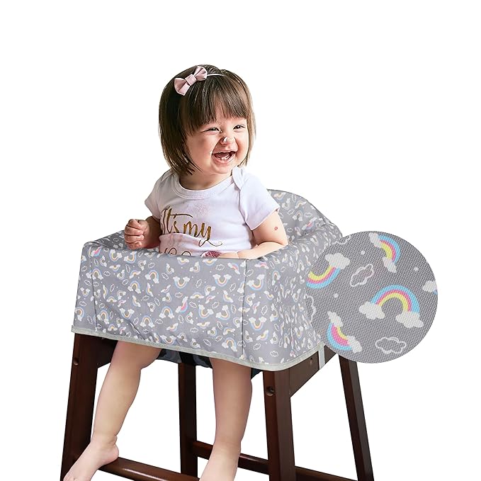 Dual-Belt Baby High Chair Cover, Upgrade Version, for Wooden or Restaurant High Chair, Sturdy and Robust Material, Waterproof Washable Stain and Slip Resistant, Gray Rainbow