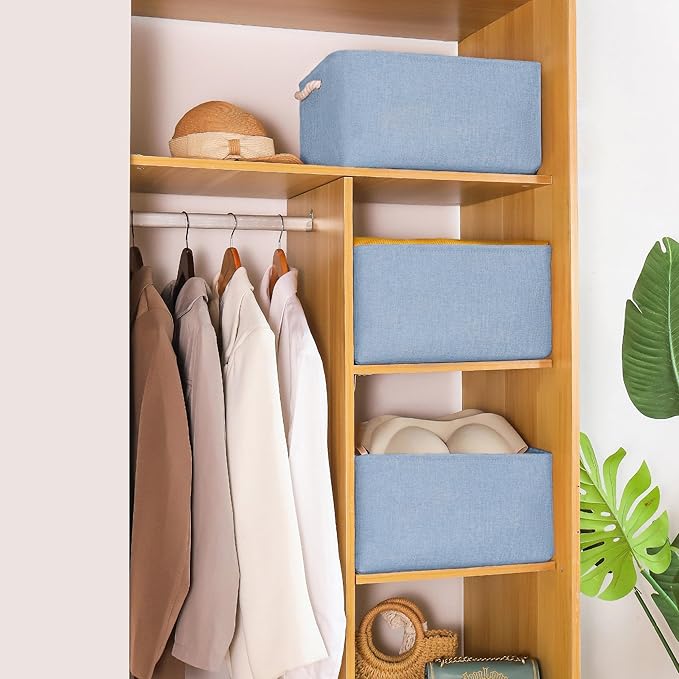 LordCom Storage Bins with Sturdy Cotton Handles(3 Pack), Fabric Storage Baskets for Organizing use for Office & Home, Book, Clothes, Toys, Closet Boxes (Small, Blue, 12.2x8.3x6.3 inches)