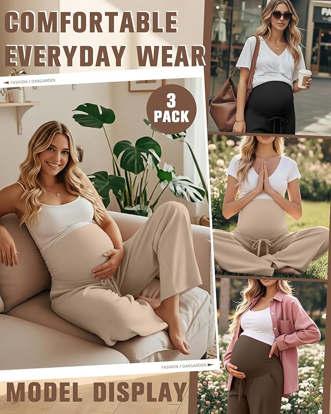 3 Pcs Maternity Sweatpants Over The Belly Pregnancy Straight Wide Leg Elastic Drawstring Pants Joggers with Pockets