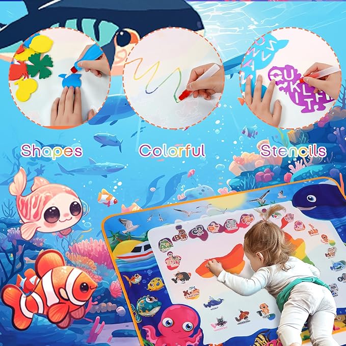 Aqua Doodle Pad Neon，Water Doodle Mat with Bag, Water Drawing for Travel, Magic Coloring Painting Writing Mat for Toddlers & Kids 3 4 5 6 7