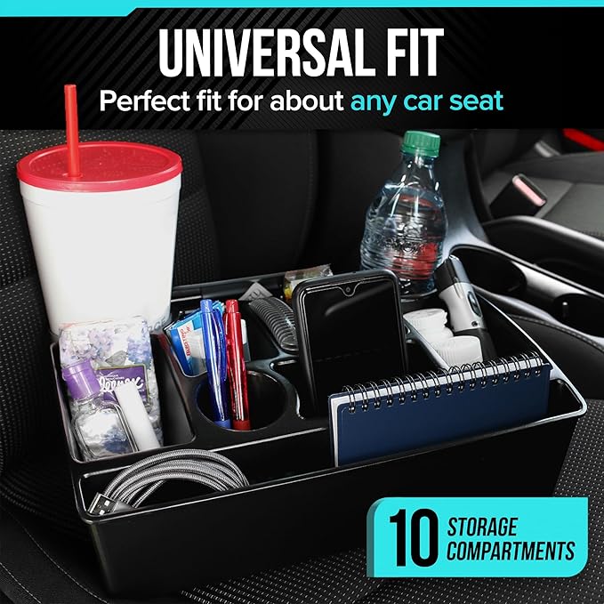 Vehicle Seat Organizer Car Storage Caddy with Carrying Handle, 2 Large Cup Holders, 10 Compartments, Hidden Extra Storage, Fits Most Vehicles, Made in USA from Recycled Plastic